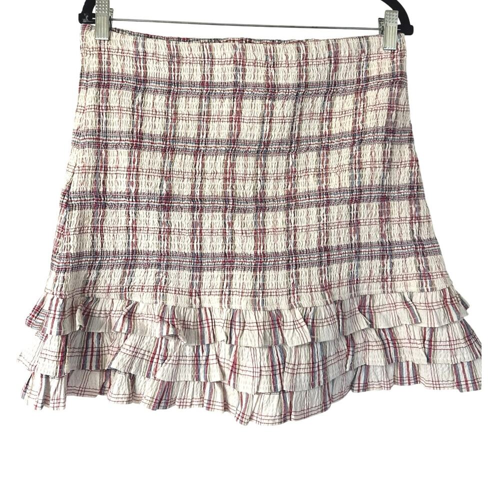 Tularosa Smocked Lined Mini Skirt | Cream/Red/Blue Check | Womens XL *EUC